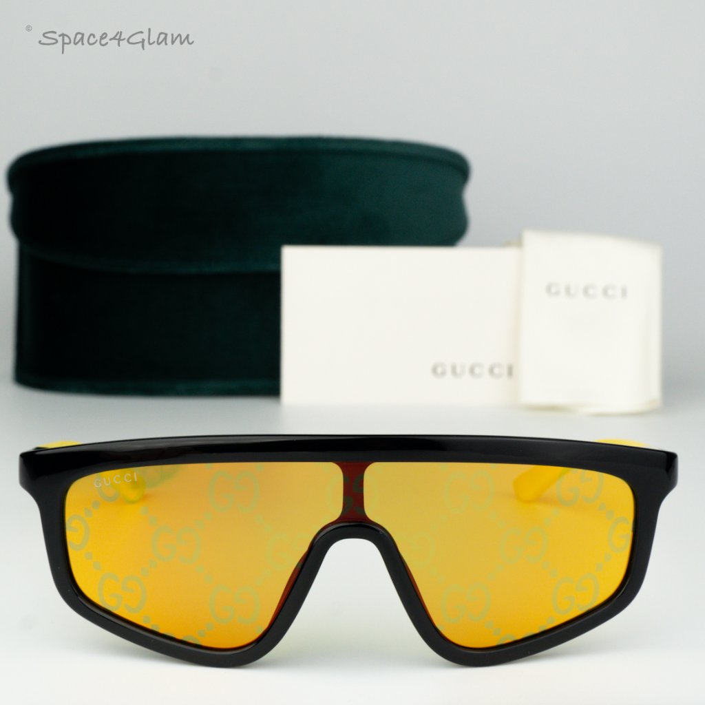Gucci Men Sunglasses Black Yellow Mirror Logo Shield Gg1736s 004 Brand New